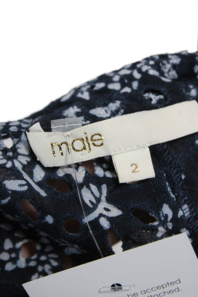 Maje Womens Fit & Flare Dress Blue Floral V-Neck Long Sleeve Cotton Size 2