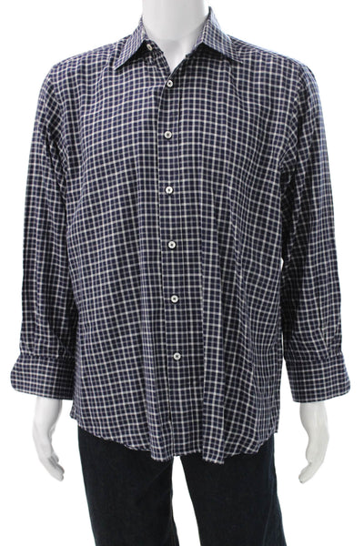 Canali Mens Dress Shirt Blue Check Cotton Blend Button Up Long Sleeve Size L