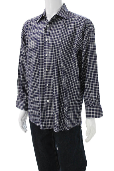Canali Mens Dress Shirt Blue Check Cotton Blend Button Up Long Sleeve Size L