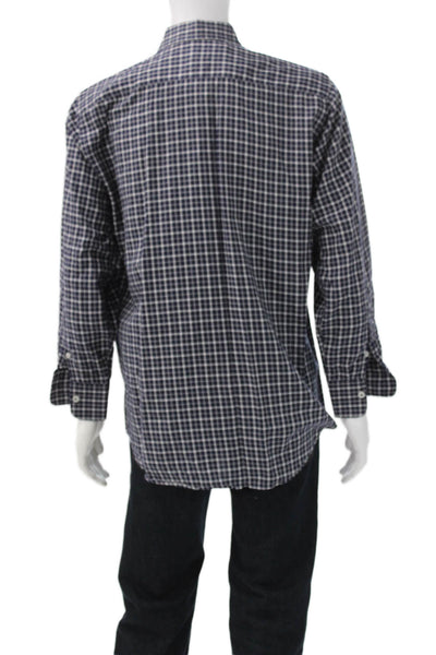 Canali Mens Dress Shirt Blue Check Cotton Blend Button Up Long Sleeve Size L