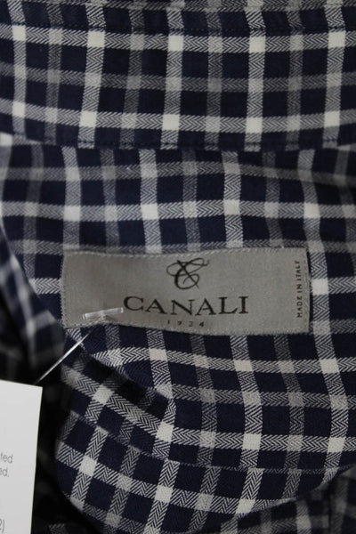 Canali Mens Dress Shirt Blue Check Cotton Blend Button Up Long Sleeve Size L