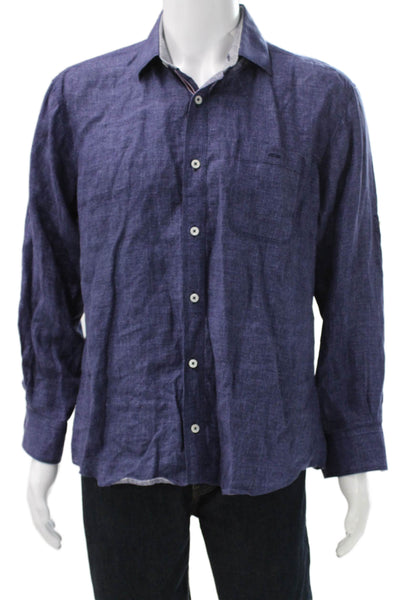 Bugatchi Mens Linen Button-Up Dress Shirt Blue Long Sleeve Collared Size L
