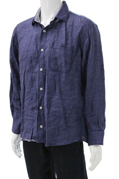 Bugatchi Mens Linen Button-Up Dress Shirt Blue Long Sleeve Collared Size L
