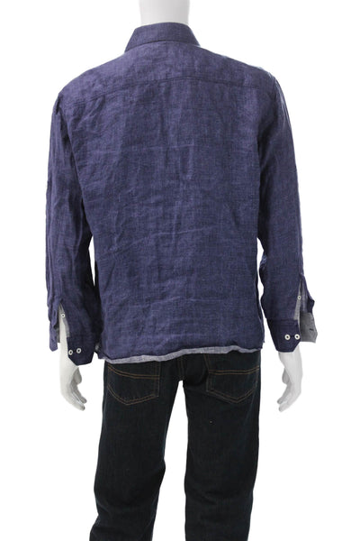 Bugatchi Mens Linen Button-Up Dress Shirt Blue Long Sleeve Collared Size L