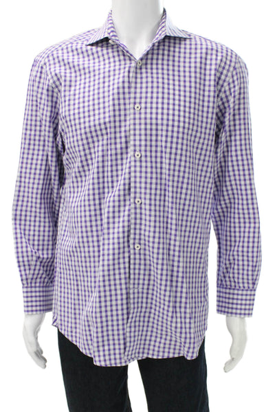 Bugatchi Mens Purple Checked Cotton Dress Shirt Long Sleeve Button Up Size 15