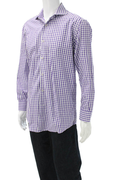 Bugatchi Mens Purple Checked Cotton Dress Shirt Long Sleeve Button Up Size 15