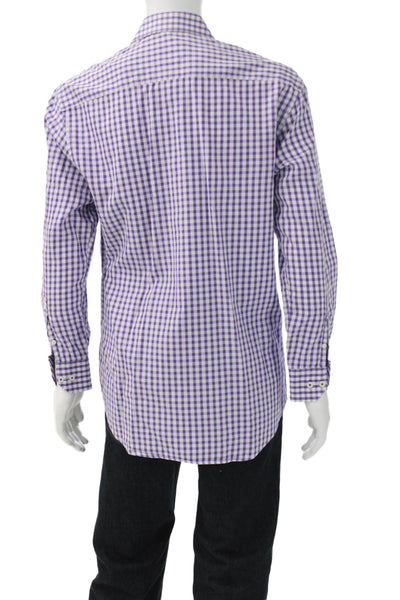 Bugatchi Mens Purple Checked Cotton Dress Shirt Long Sleeve Button Up Size 15