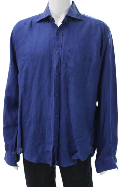 Laurent Effel Mens Blue Linen Dress Shirt Button Up Long Sleeve Size L