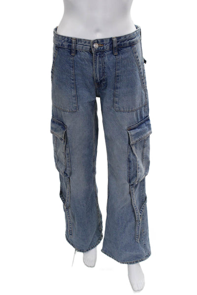 Zara Women Wide Leg Jeans Blue High Rise Button 100% Cotton Size 2