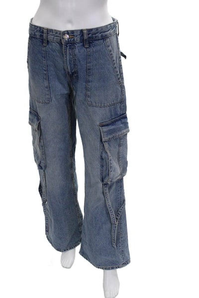 Zara Women Wide Leg Jeans Blue High Rise Button 100% Cotton Size 2