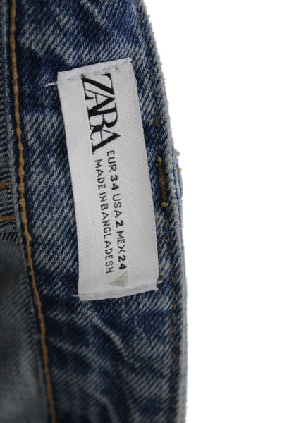 Zara Women Wide Leg Jeans Blue High Rise Button 100% Cotton Size 2