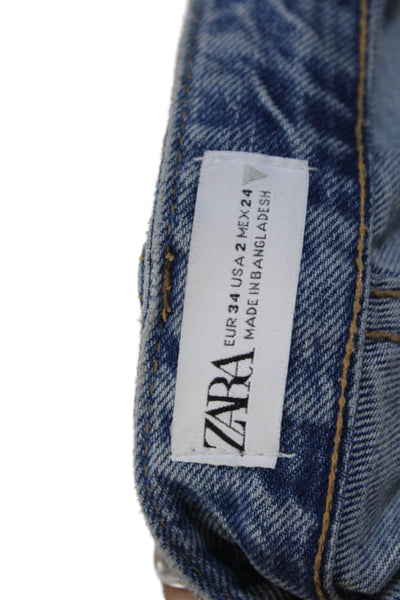 Zara Women Wide Leg Jeans Blue High Rise Button 100% Cotton Size 2