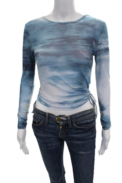 Lioness Women Blue Abstract Round Neck Long Sleeve Top Size 2