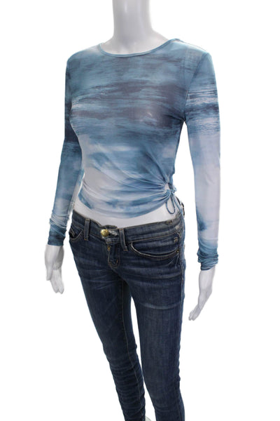 Lioness Women Blue Abstract Round Neck Long Sleeve Top Size 2