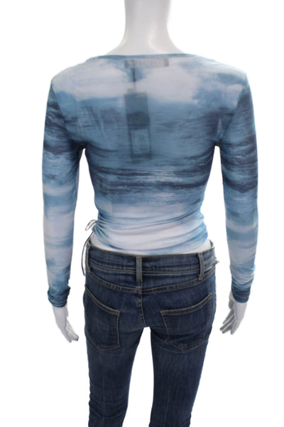 Lioness Women Blue Abstract Round Neck Long Sleeve Top Size 2