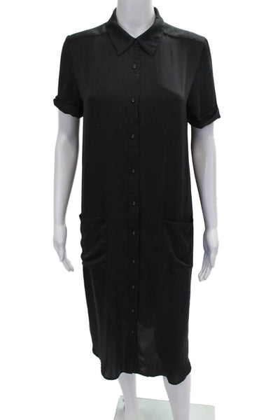 L'Academie Womens Shirt Dress Black Collared Button Short Sleeve Size S