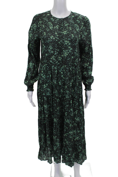 Zara Womens Maxi Floral Viscose Long Sleeve Round Neck Dress Black Size XS
