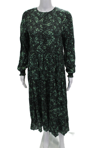 Zara Womens Maxi Floral Viscose Long Sleeve Round Neck Dress Black Size XS