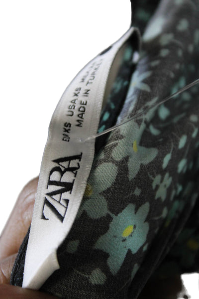 Zara Womens Maxi Floral Viscose Long Sleeve Round Neck Dress Black Size XS