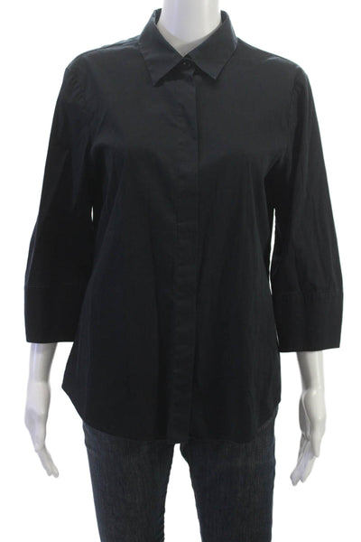 Theory Women Basic Button-Up Cotton Collared 3/4 Sleeve Black Top Size L