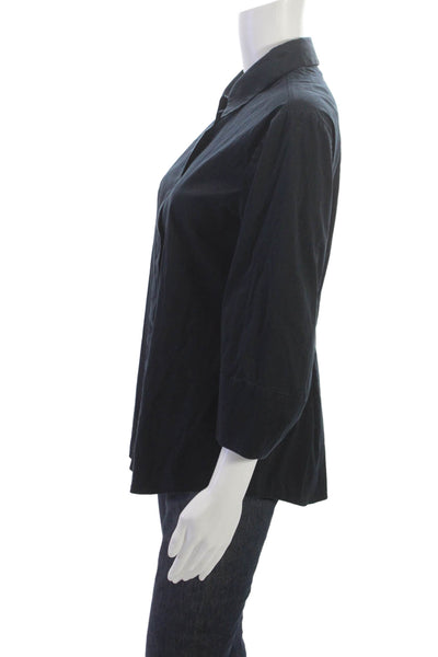 Theory Women Basic Button-Up Cotton Collared 3/4 Sleeve Black Top Size L