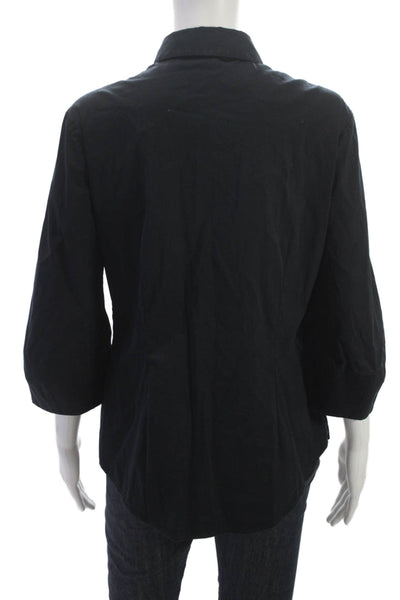 Theory Women Basic Button-Up Cotton Collared 3/4 Sleeve Black Top Size L