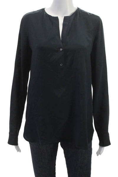 Vince Women Tunic Blouse Silk V Neck Long Sleeve Black Button Size 8
