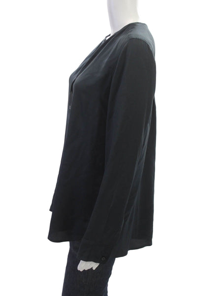 Vince Women Tunic Blouse Silk V Neck Long Sleeve Black Button Size 8