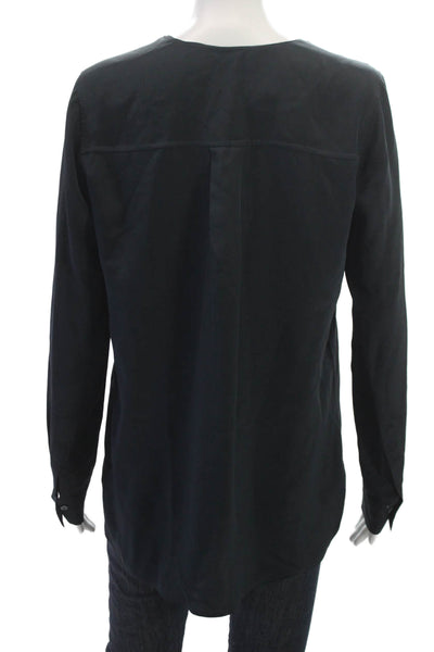 Vince Women Tunic Blouse Silk V Neck Long Sleeve Black Button Size 8