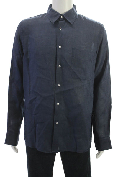 Europann Mens Linen Blue Button-Up Dress Shirt Long Sleeve Collared Size 3
