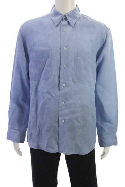 Europann Mens Linen Blue Button-Up Dress Shirt Long Sleeve Size 2