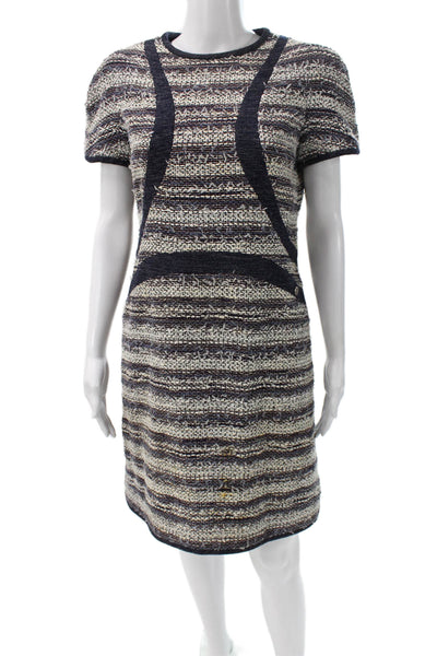 Chanel Women Sheath Dress Multicolor Striped Cotton Crew Neck Size 42