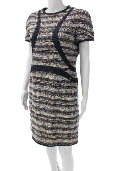 Chanel Women Sheath Dress Multicolor Striped Cotton Crew Neck Size 42
