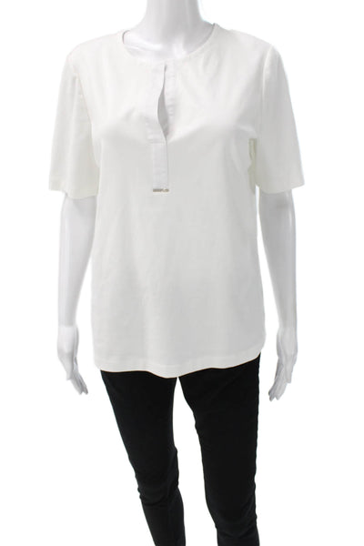 Lafayette 148 New York Women White Cotton Henley Short Sleeve T-Shirt Size L