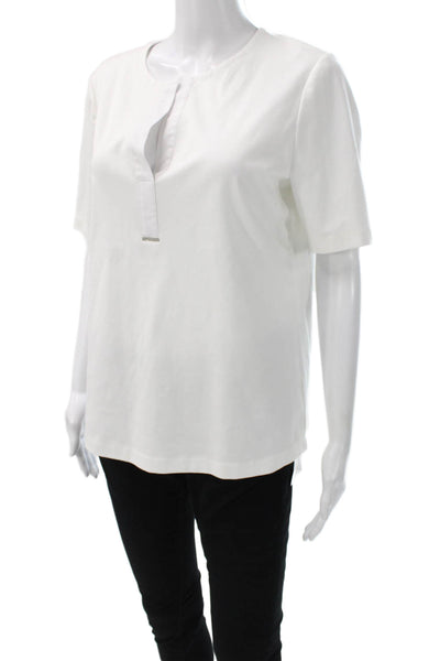Lafayette 148 New York Women White Cotton Henley Short Sleeve T-Shirt Size L