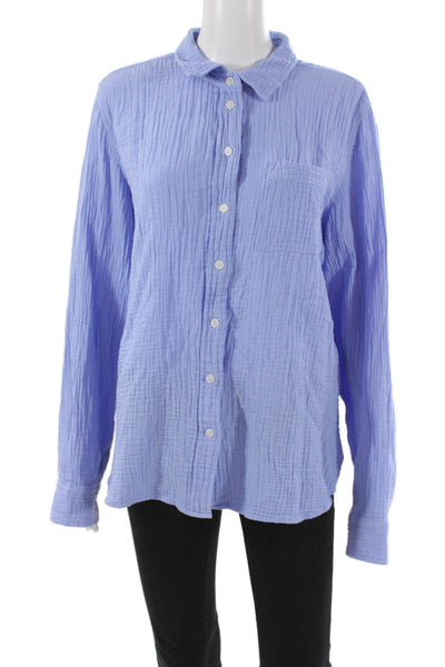 J Crew Women Basic Blue Cotton Collared Button-Up Long Sleeve Size L