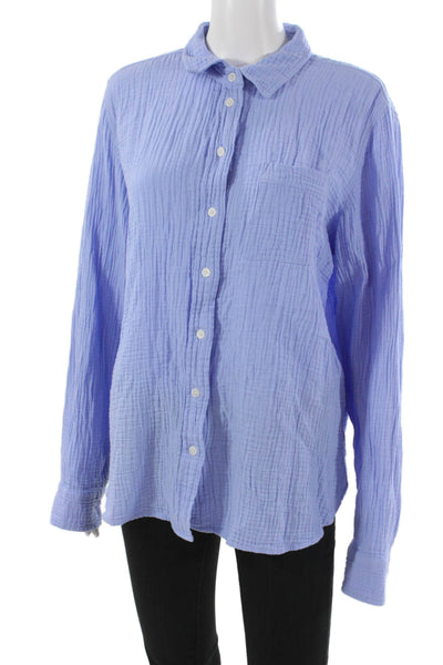J Crew Women Basic Blue Cotton Collared Button-Up Long Sleeve Size L