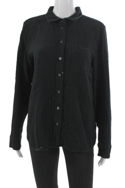 J Crew Women Basic Black Button-Up Cotton Collared Long Sleeve Top Size L