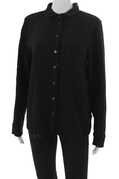 J Crew Women Basic Black Button-Up Cotton Collared Long Sleeve Top Size L