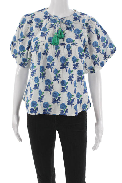 THML Womens Tunic Floral Round Neck Tie Short Sleeve White Cotton Size XS