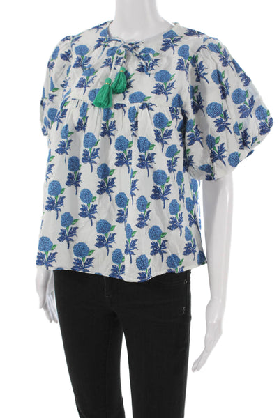 THML Womens Tunic Floral Round Neck Tie Short Sleeve White Cotton Size XS