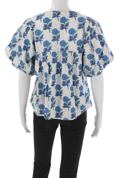 THML Womens Tunic Floral Round Neck Tie Short Sleeve White Cotton Size XS