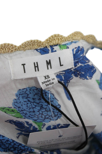 THML Womens Tunic Floral Round Neck Tie Short Sleeve White Cotton Size XS