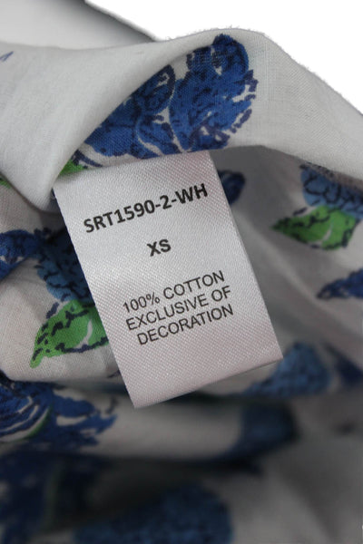 THML Womens Tunic Floral Round Neck Tie Short Sleeve White Cotton Size XS