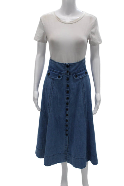 Mayle Women A-Line Blue Cotton Skirt Button Closure Long Size 0