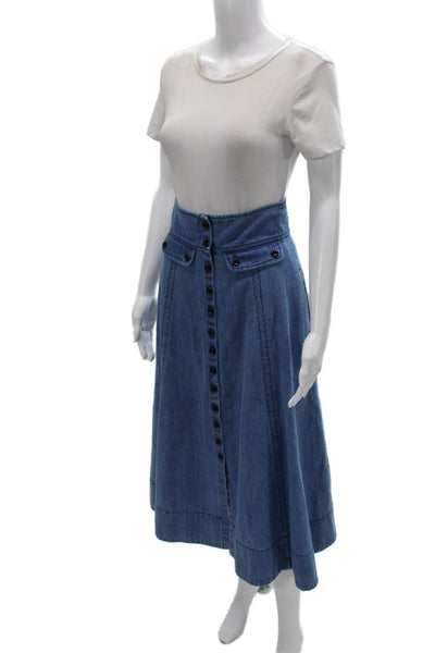 Mayle Women A-Line Blue Cotton Skirt Button Closure Long Size 0