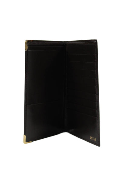 Gucci Womens Leather Gold Tone Open Front Wallet Dark Brown