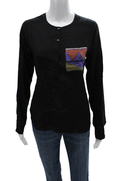 Duet Women Silk Henley Button Long Sleeve Basic Blouse Black Size 2