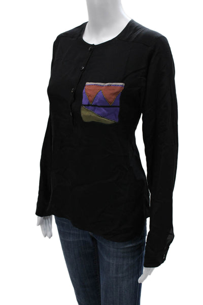 Duet Women Silk Henley Button Long Sleeve Basic Blouse Black Size 2