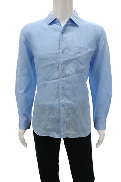 Raffi Mens Linen Collared Long Sleeve Button Up Dress Shirt Blue Size L